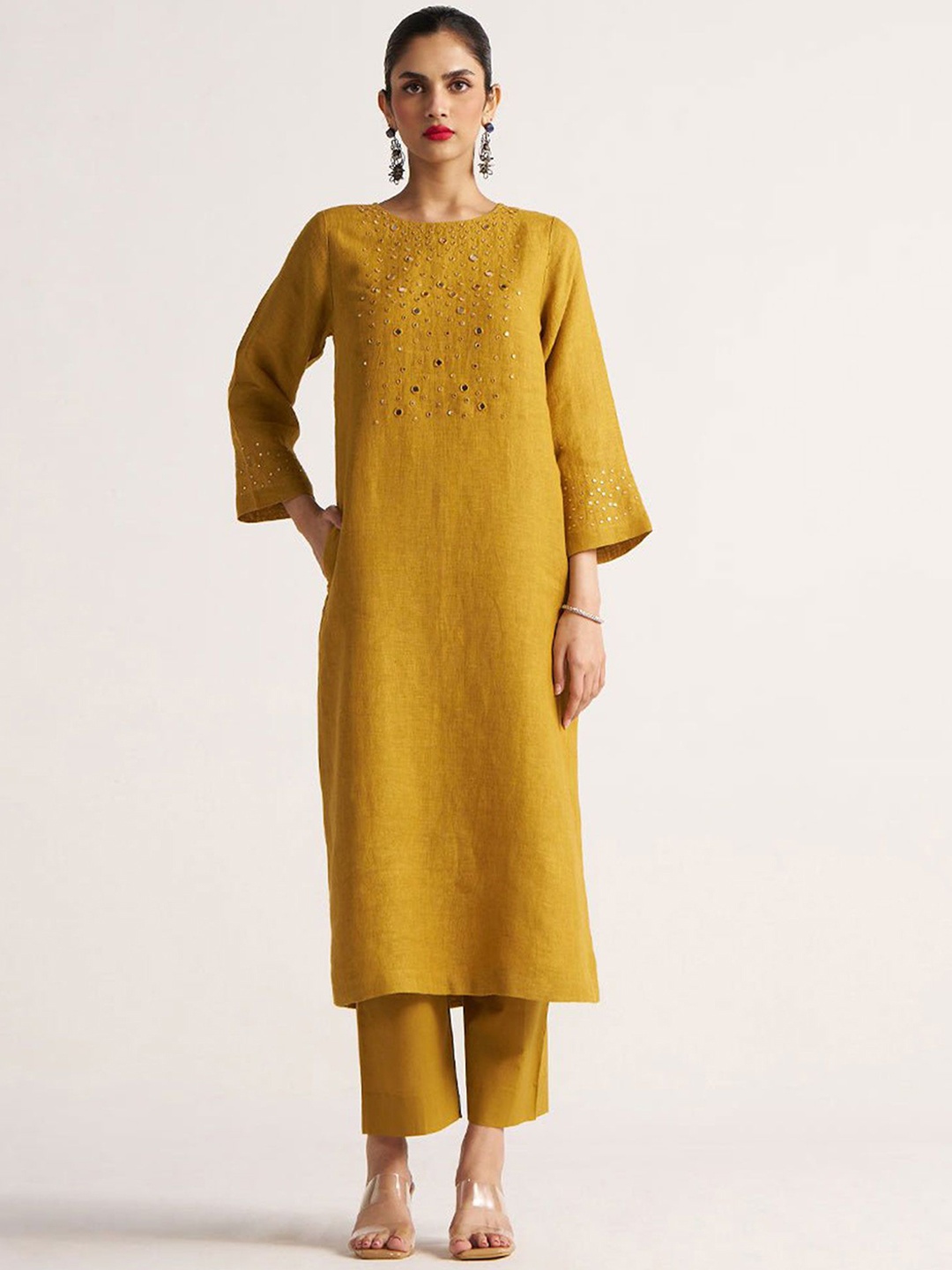 

Ganga Ethnic Motifs Embroidered Mirror Work Linen Straight Kurta With Palazzos, Mustard