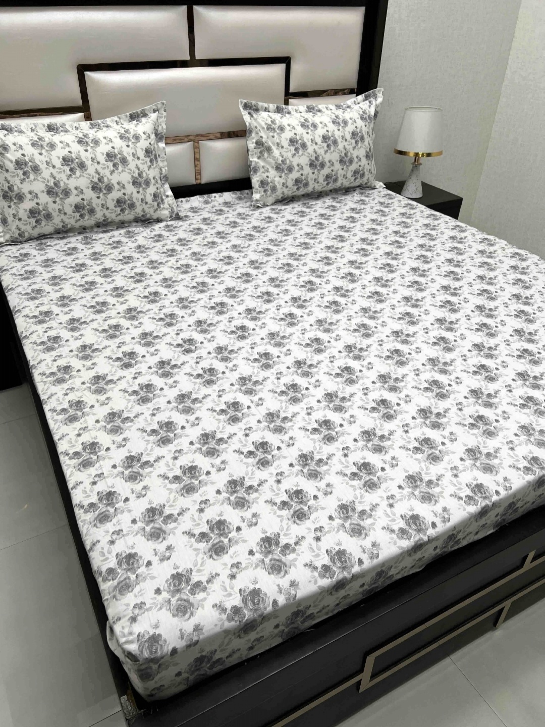 

Pure Decor White & Grey Floral 220 TC King Bedsheet with 2 Pillow Covers