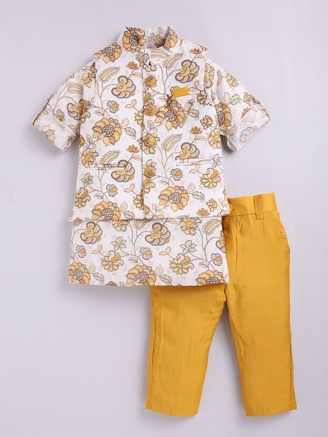 

LITTLE COLLARS Boys Floral Printed Roll Up Sleeves Casual Jacket Kurta With Trousers, Mustard