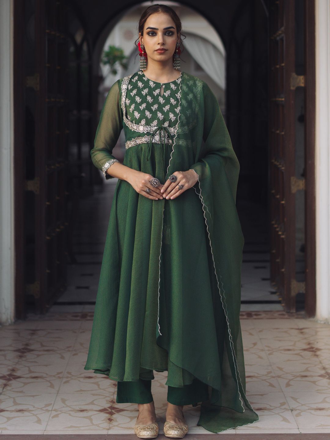 

anayna Women Ethnic Motifs Embroidered Panelled Kurta with Trousers & With Dupatta, Green