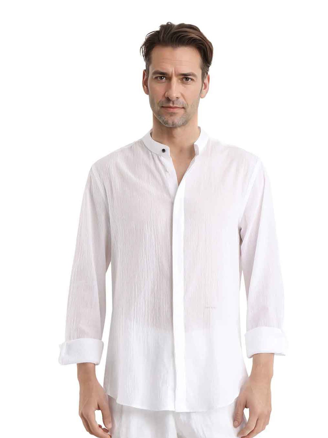 

RARE RABBIT CRINKLE-25 Men Comfort Mandarin Collar Solid Cotton Casual Shirt, White
