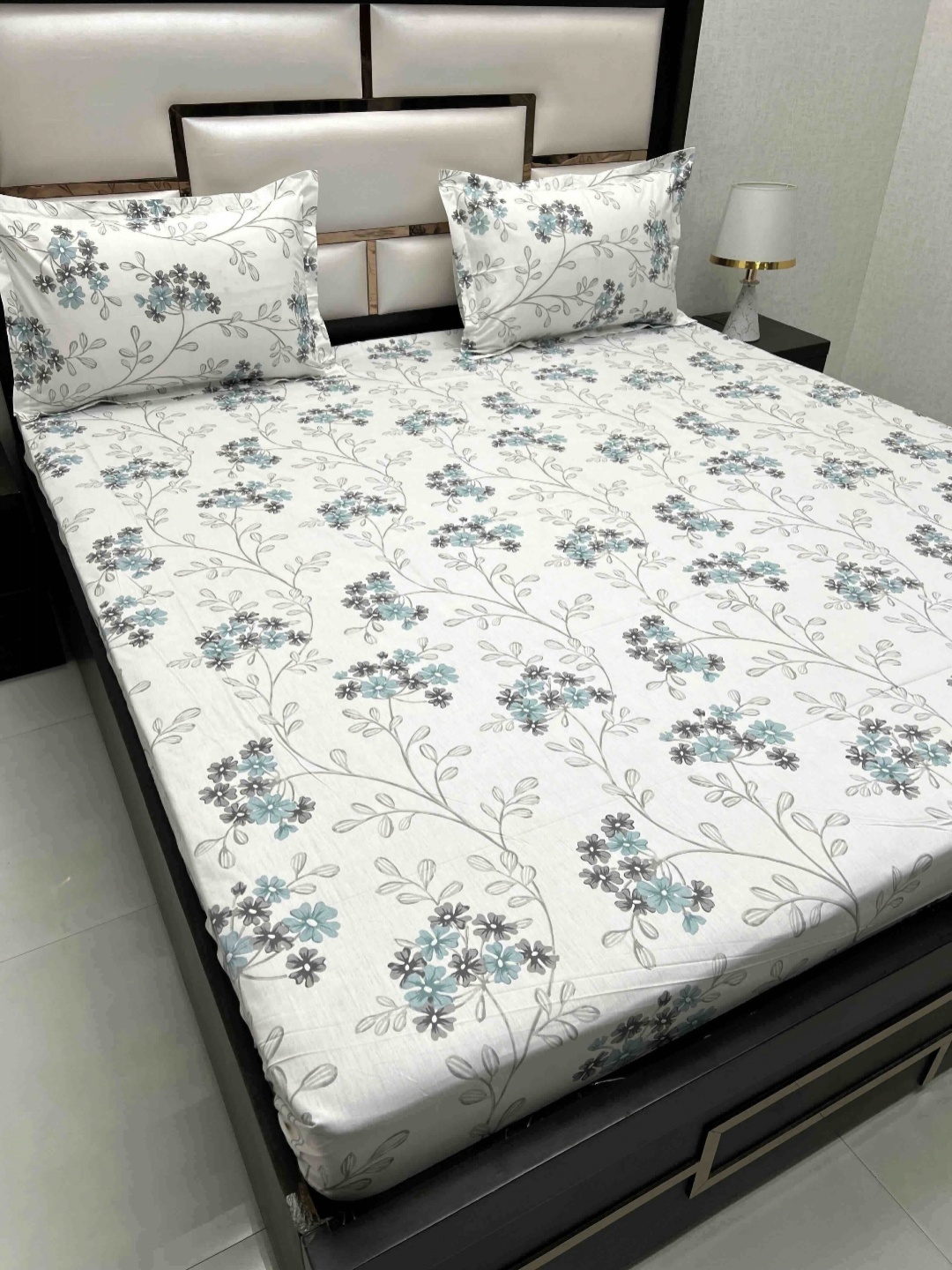 

Pure Decor White & Blue Floral 300 TC King Bedsheet with 2 Pillow Covers