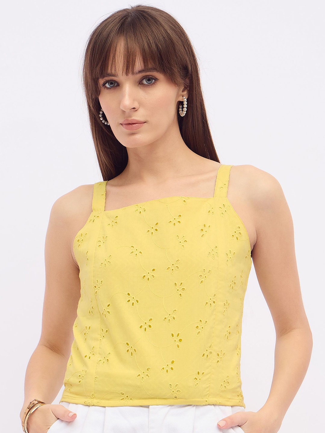 

DressBerry Cotton Schiffli Tank Crop Top, Yellow