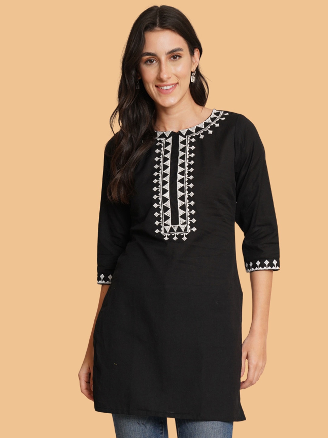 

Brownverse Women Embroidered Flared Sleeves Khadi Kurta, Black