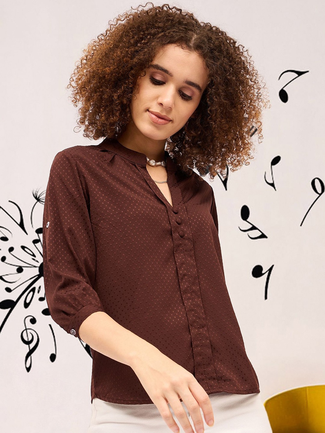 

DressBerry Mandarin Collar Puff Sleeve Shirt Style Top, Brown