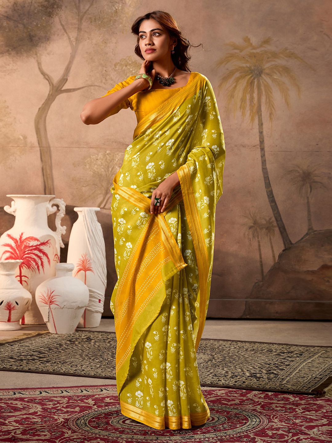 

Mitera Floral Zari Saree, Green