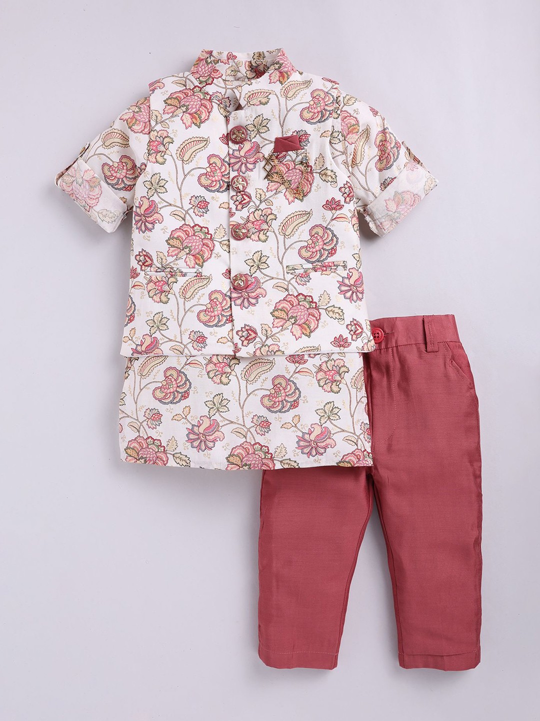 

LITTLE COLLARS Boys Floral Printed Kurta & Trousers with Nehru Jacket, White
