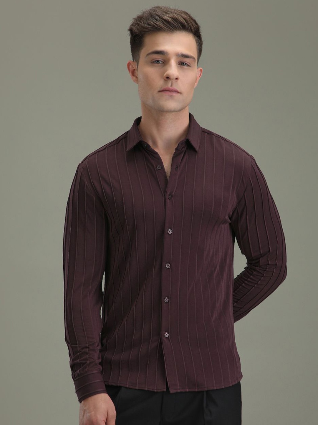 

Banana Club Men Classic Slim Fit Opaque Striped Casual Shirt, Maroon