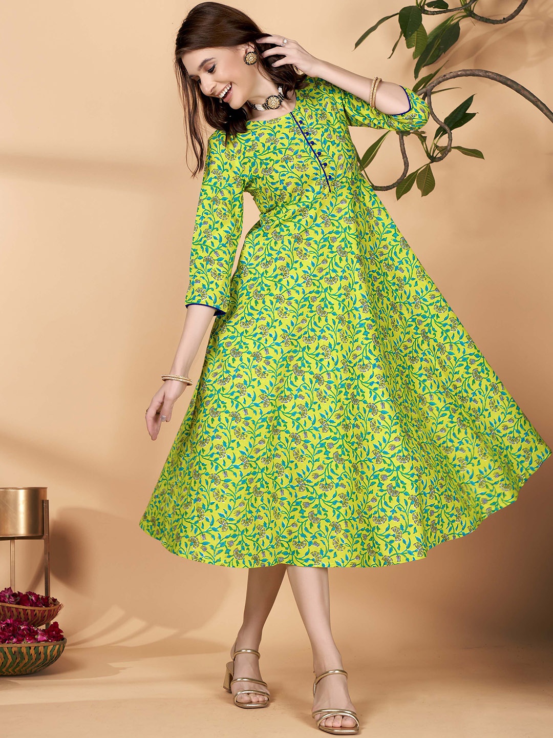 

HERE&NOW Green and Blue Round Neck Floral Printed Fit and Flare Cotton Ethnic Dress