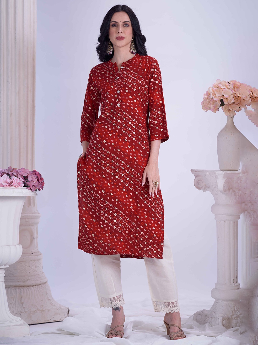 

Anouk Women Bandhani Printed Mirror Work Kurta, Red