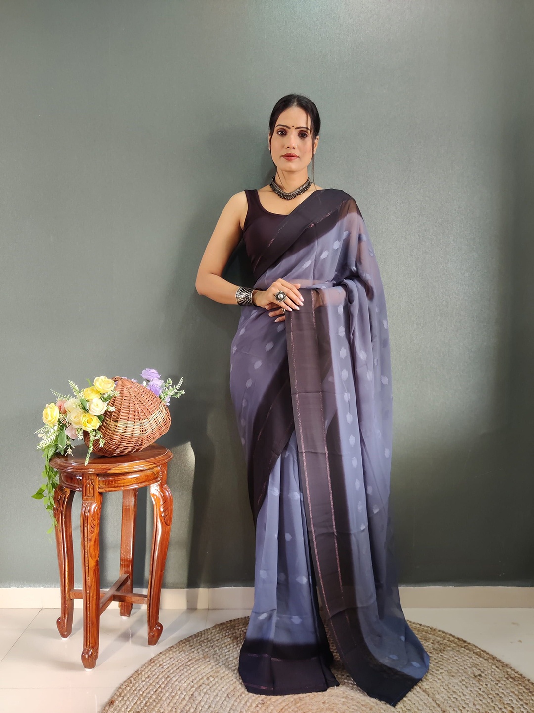 

KAYOMMI Woven Design Zari Satin Ready to Wear Jamdani Saree, Blue