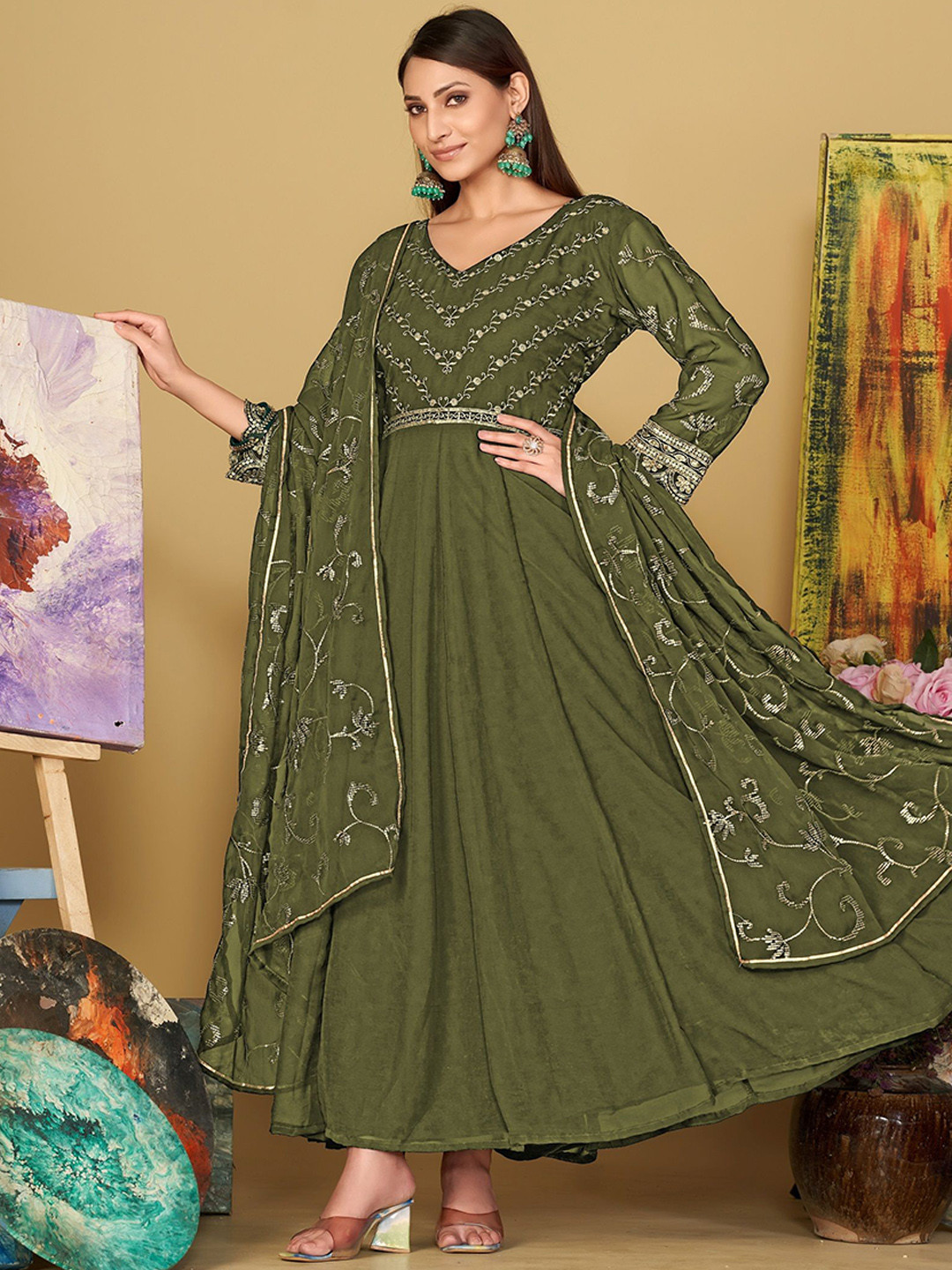 

KALINI Embroidered Semi-Stitched Dress Material, Olive