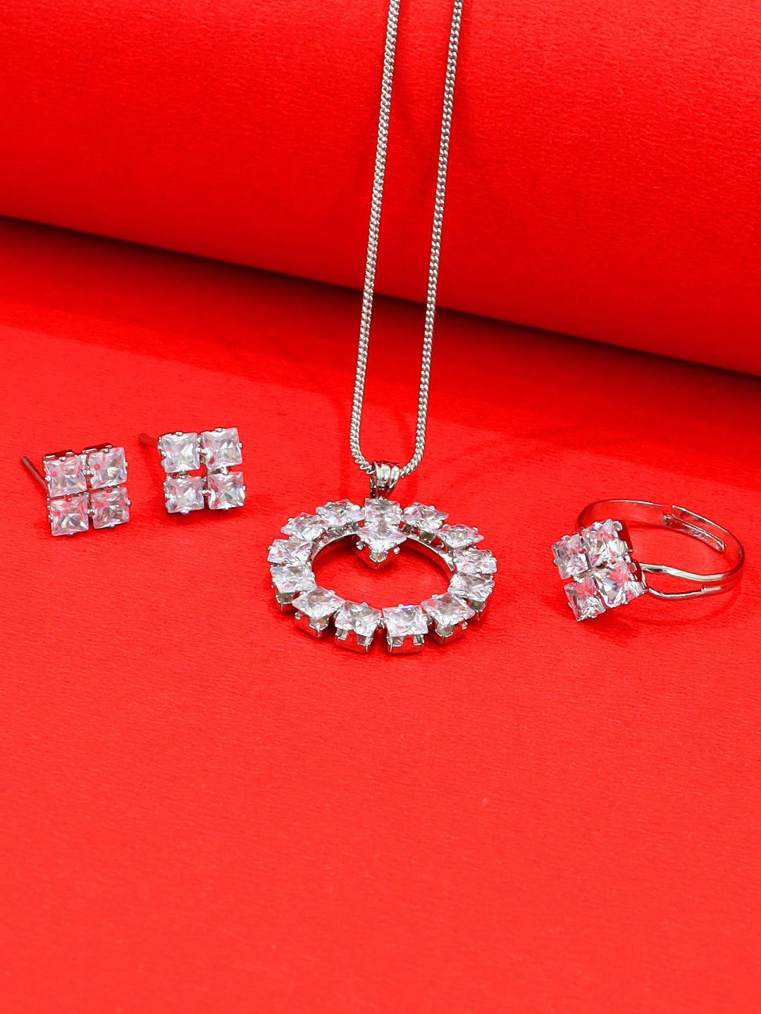 

KRENOZ Rhodium-Plated Stone Studded Jewellery Set, Silver