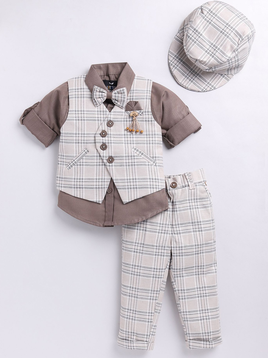 

Little Collars Boys 5 Pcs Checked Waistcoat Suit, Beige