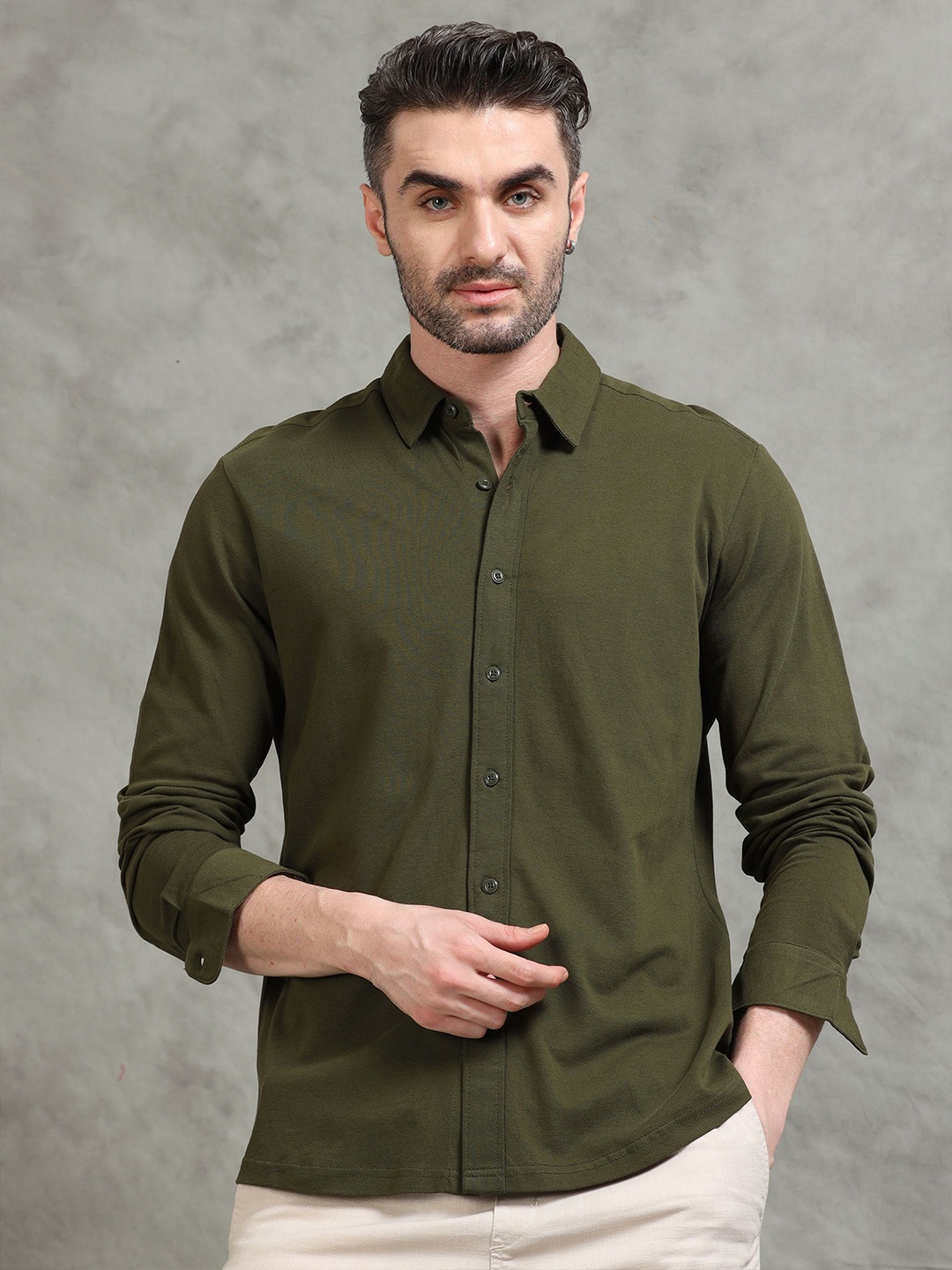 

StitchX Men Solid Long Sleeve Knitted Shirt, Green