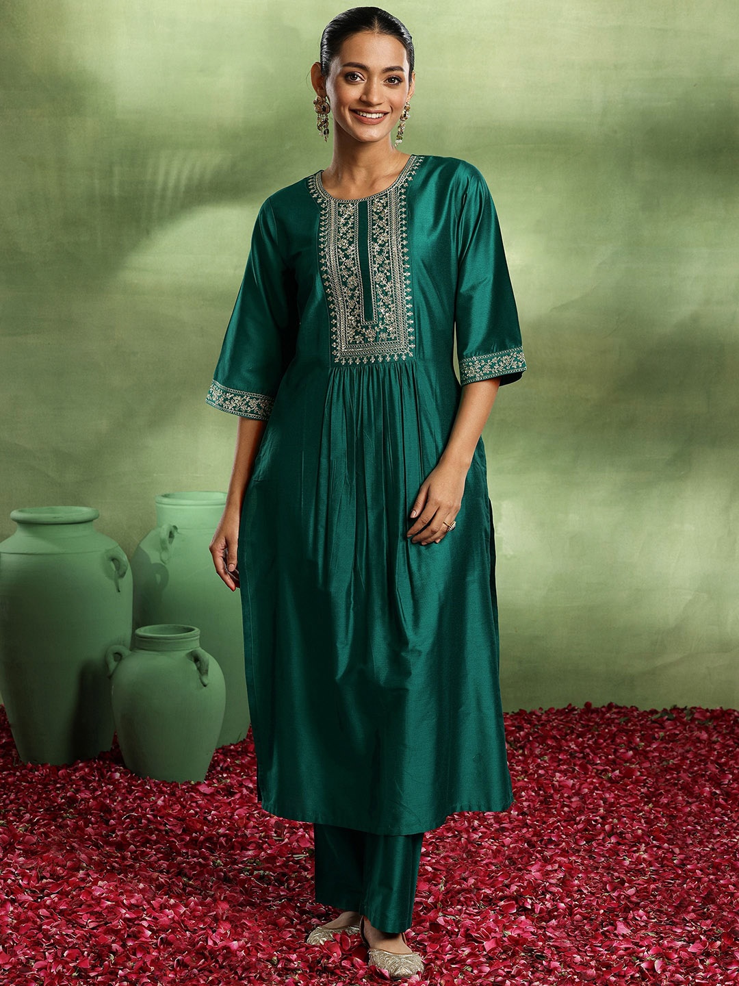 

Libas Floral Yoke Design Pleated Sequinned Kurta with Trouser, Green