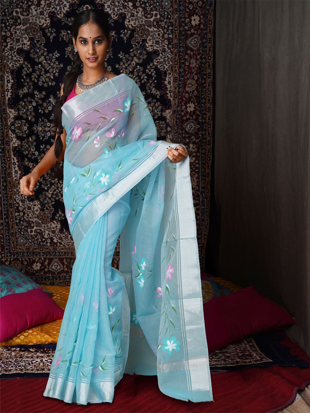 

Unnati Silks Floral Zari Net Kota Saree, Blue