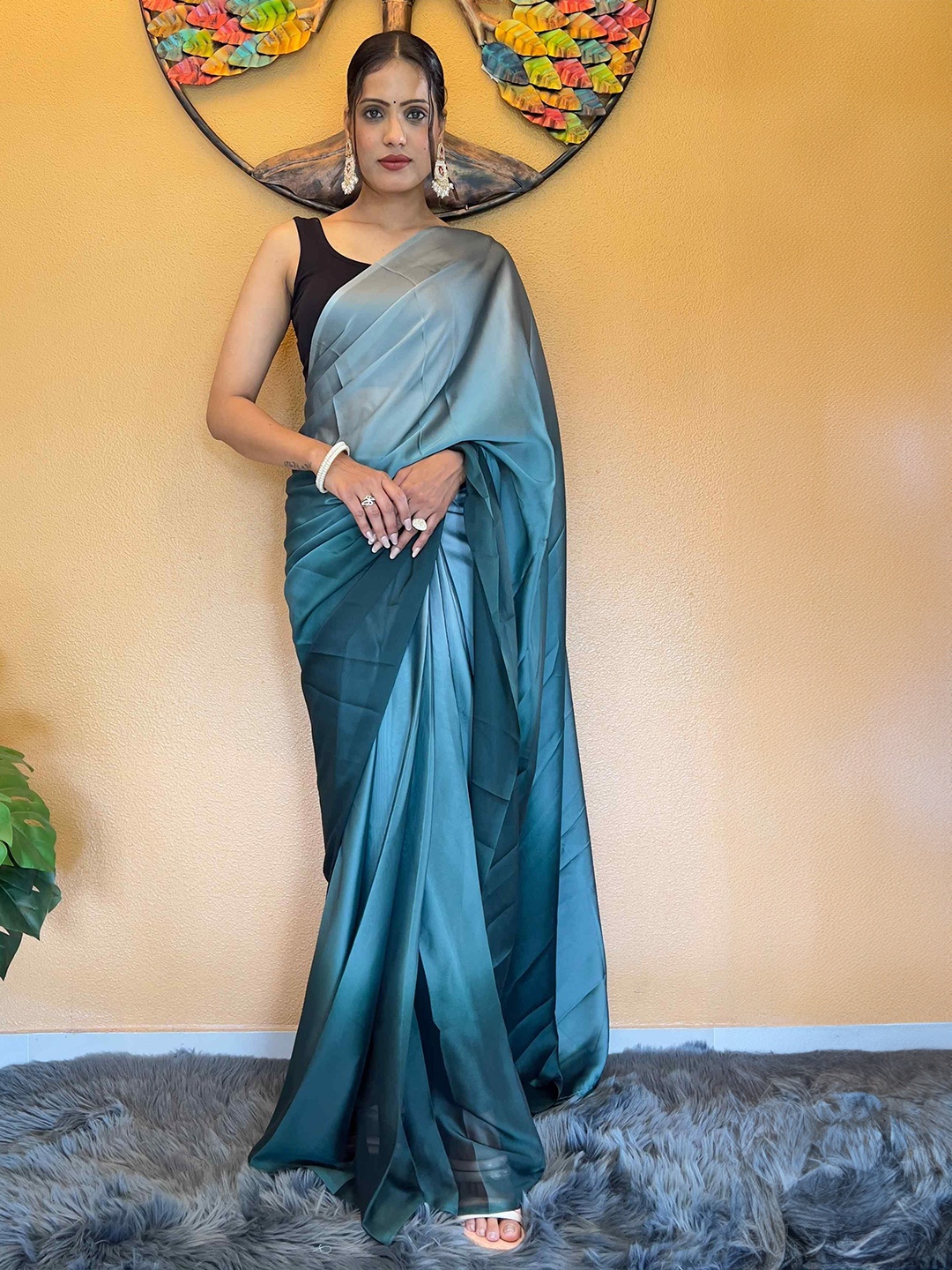 

HERE&NOW Poly Georgette Ready to Wear Saree, Turquoise blue