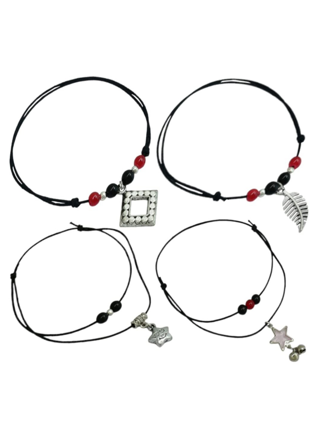 

HIGH TRENDZ Pack Of 4 Black Thread Adjustable Knot Oxidised Beads Nazariya Anklet