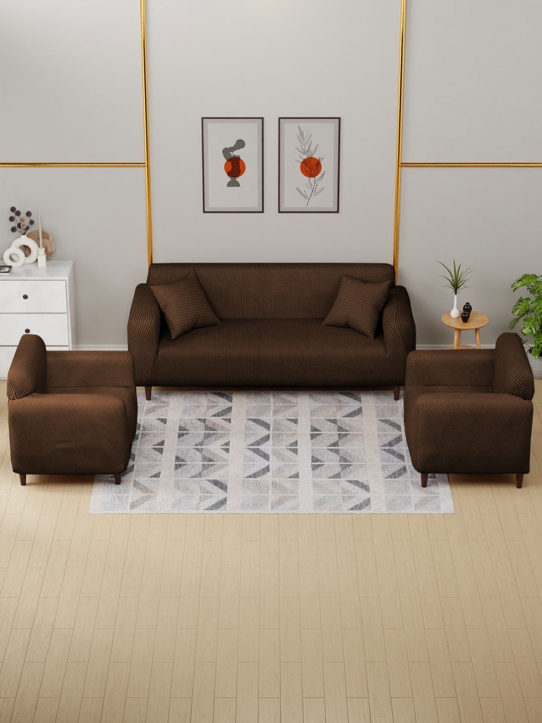 

Myntra Elegant Homes Brown Textured Jacquard 5 Piece Sofa Cover With Arms
