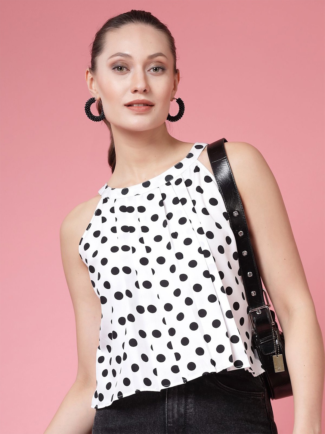 

BEING NAUGHTY Women Polka Dot Printed Halter Neck Crop Top, White