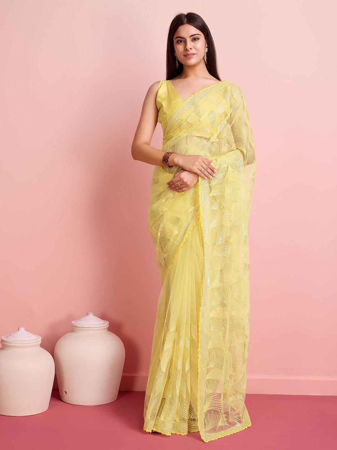 

HERE&NOW Embellished Sequinned Net Saree, Yellow