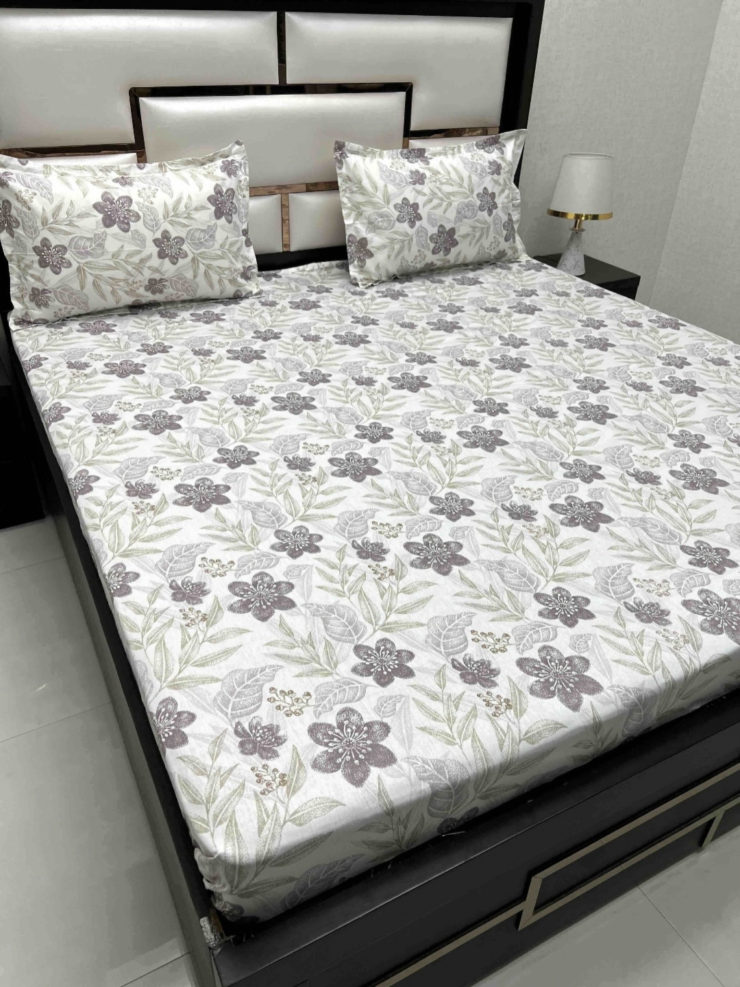 

Pure Decor White & Grey Floral 330 TC King Bedsheet with 2 Pillow Covers