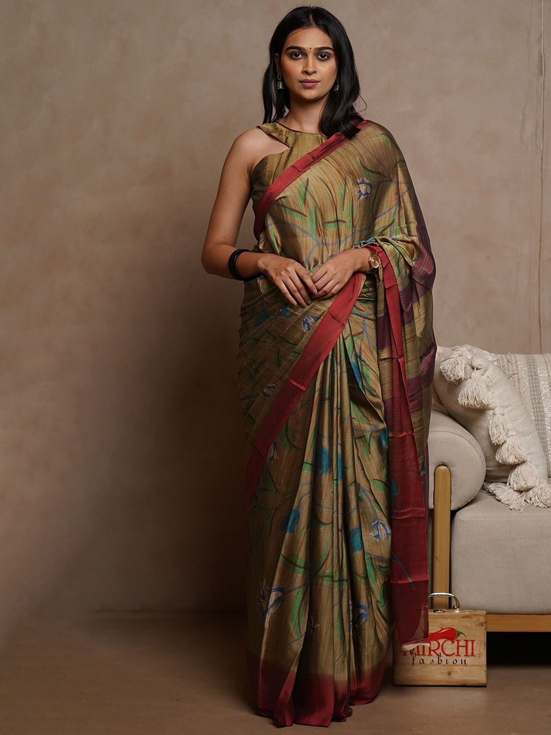 

KALINI Floral Poly Chiffon Saree, Beige