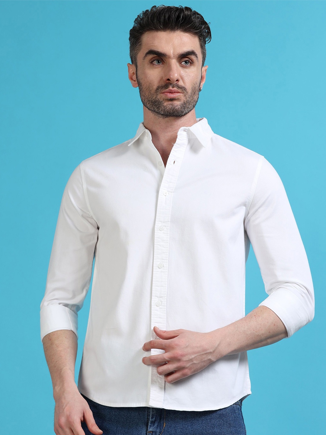 

StitchX Men Full Sleeve Core Essentials Over-Dyed Cotton Spread Collar Shirt, White