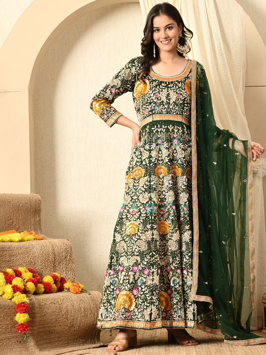 

ZARIKALI Fit & Flared Maxi Dress With Dupatta, Green