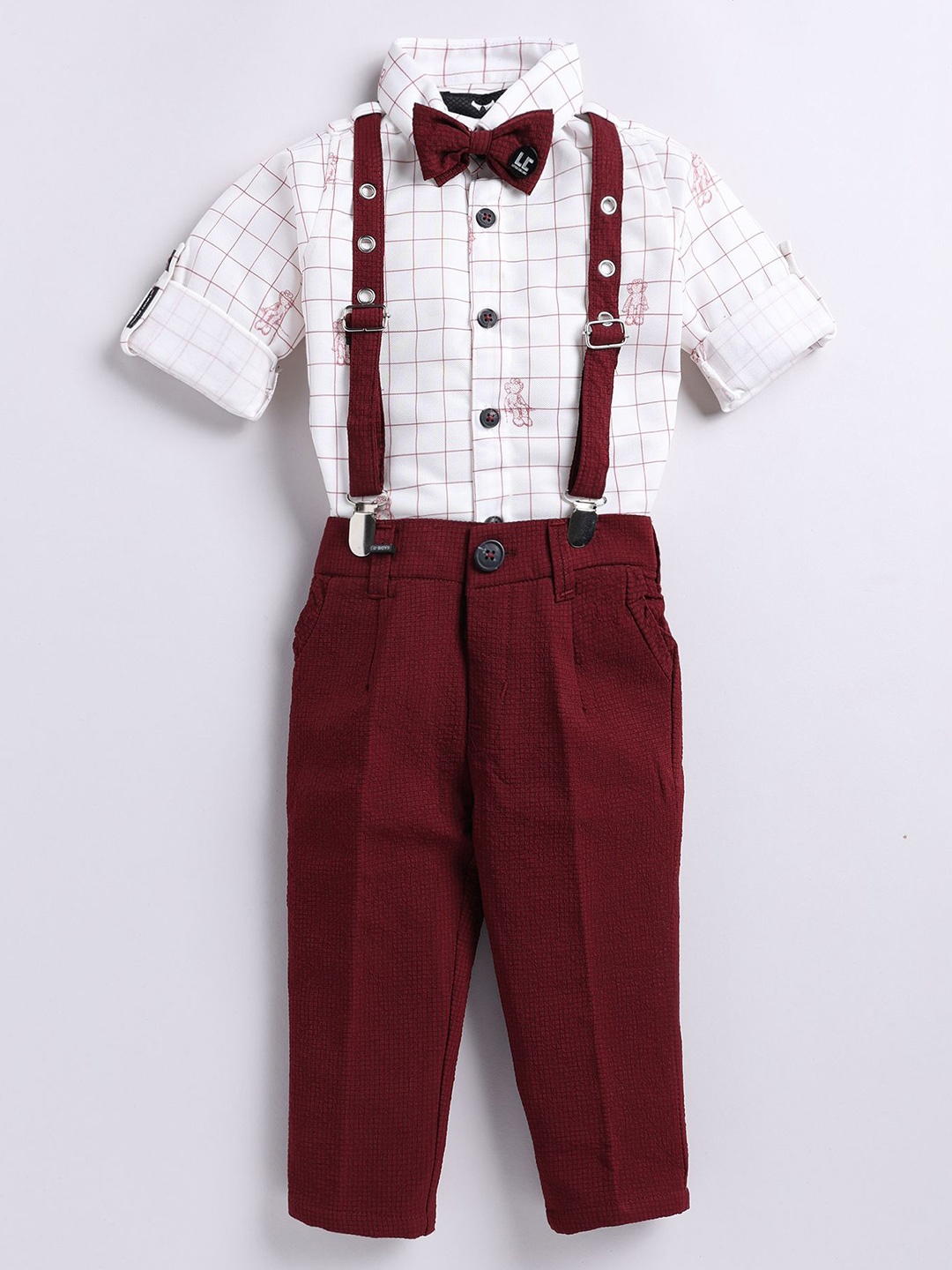 

LITTLE COLLARS Boys Checked Shirt with Trousers, Maroon