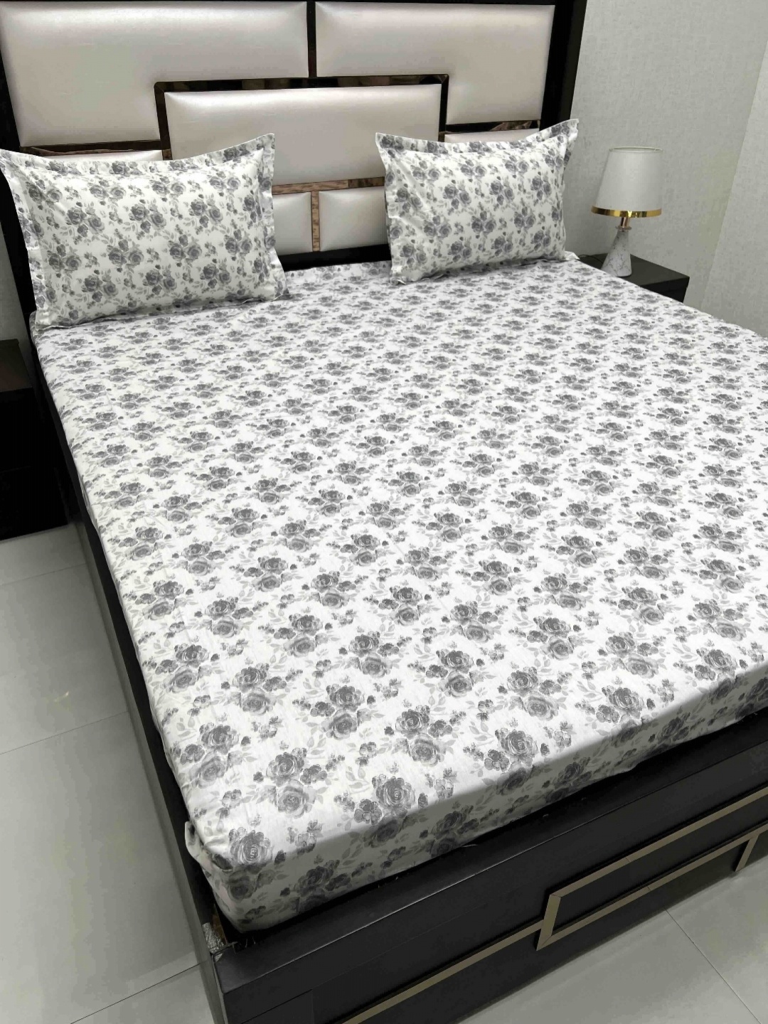 

Pure Decor White & Grey Floral 260 TC King Bedsheet with 2 Pillow Covers