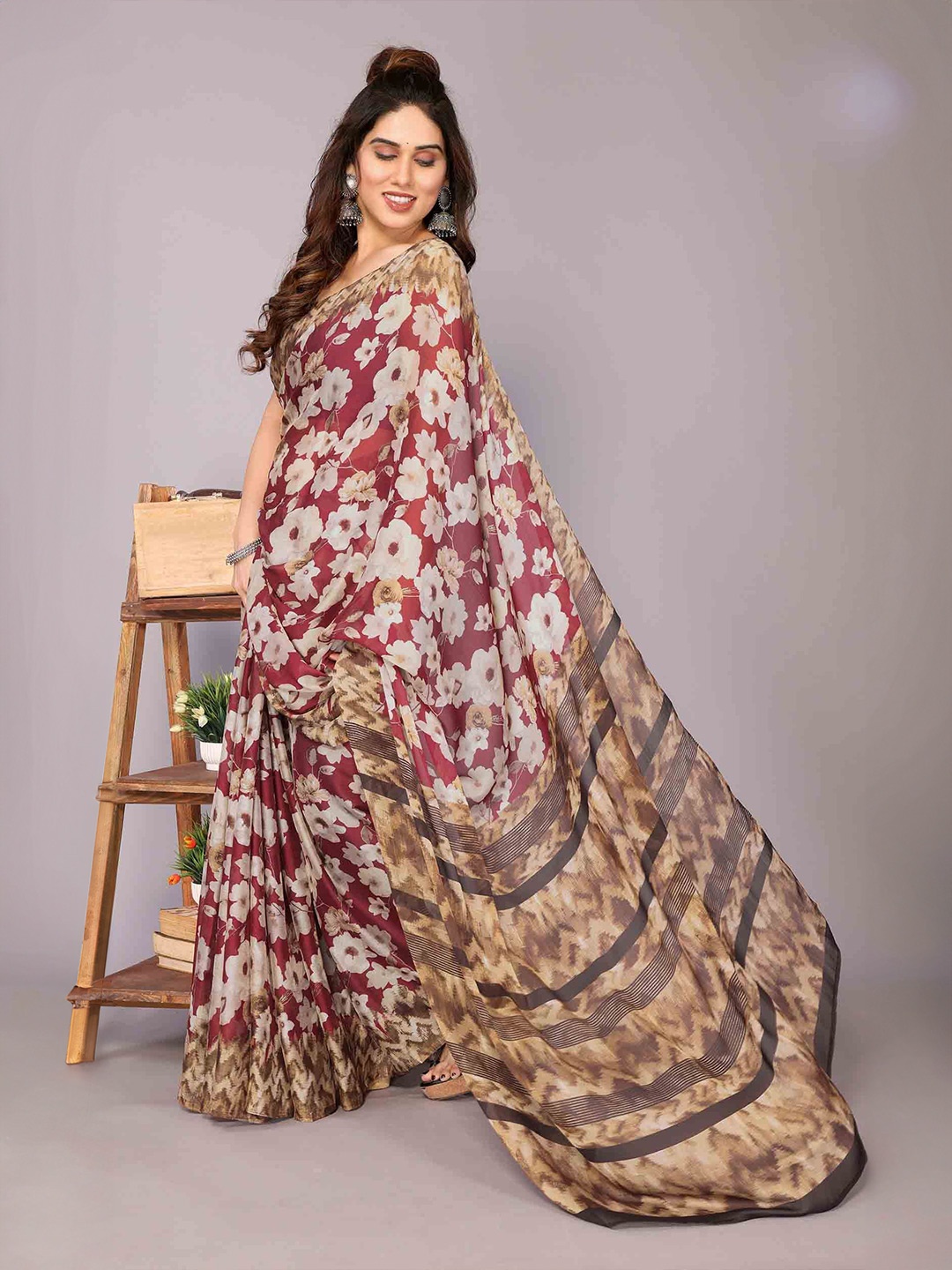 

KALINI Floral Poly Chiffon Saree, Maroon