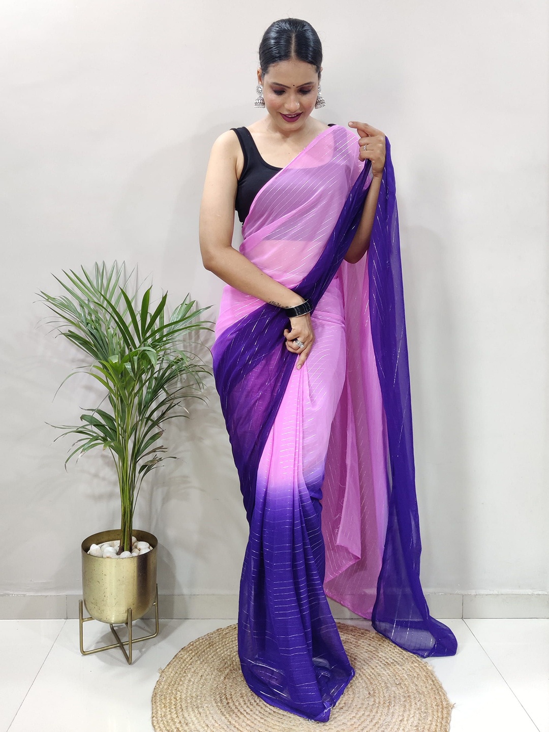 

KAYOMMI Women Ombre Pure Chiffon Ready to Wear Saree, Purple