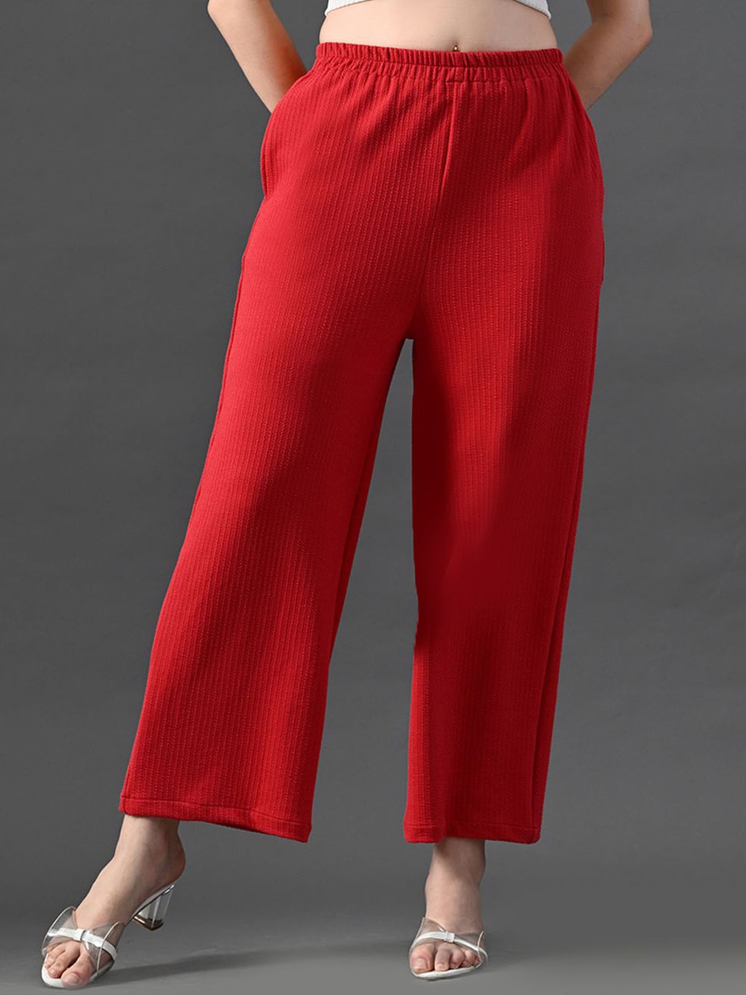 

The Roadster Lifestyle Co Women Ribbed Straight Fit High-Rise Trousers, Red