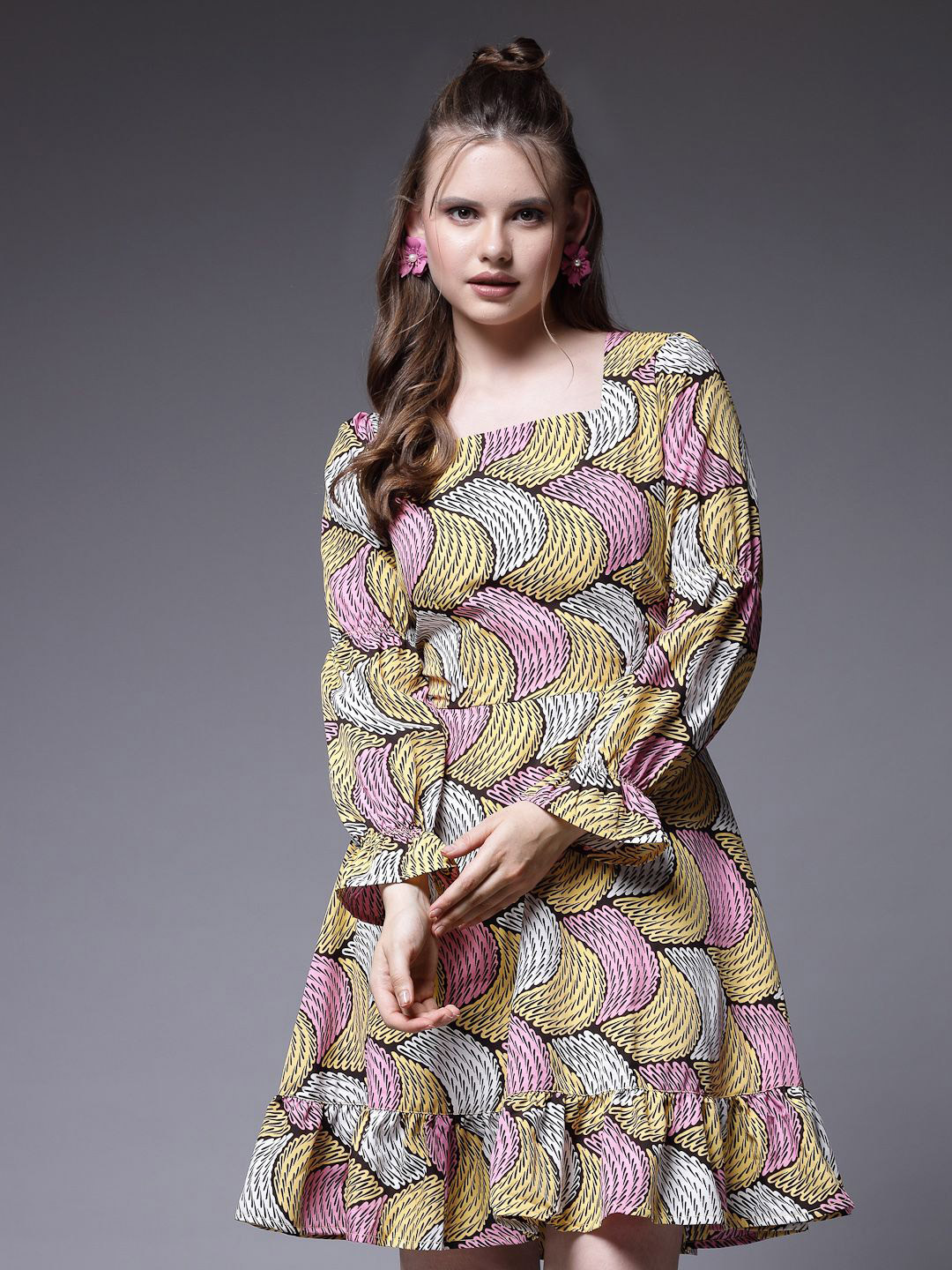 

BEING NAUGHTY Women Printed Bell Sleeve A-Line Dress, Black