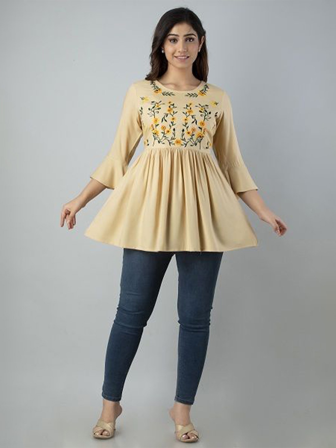 

AAFAMI Women Floral Printed Cotton Peplum Top, Camel brown