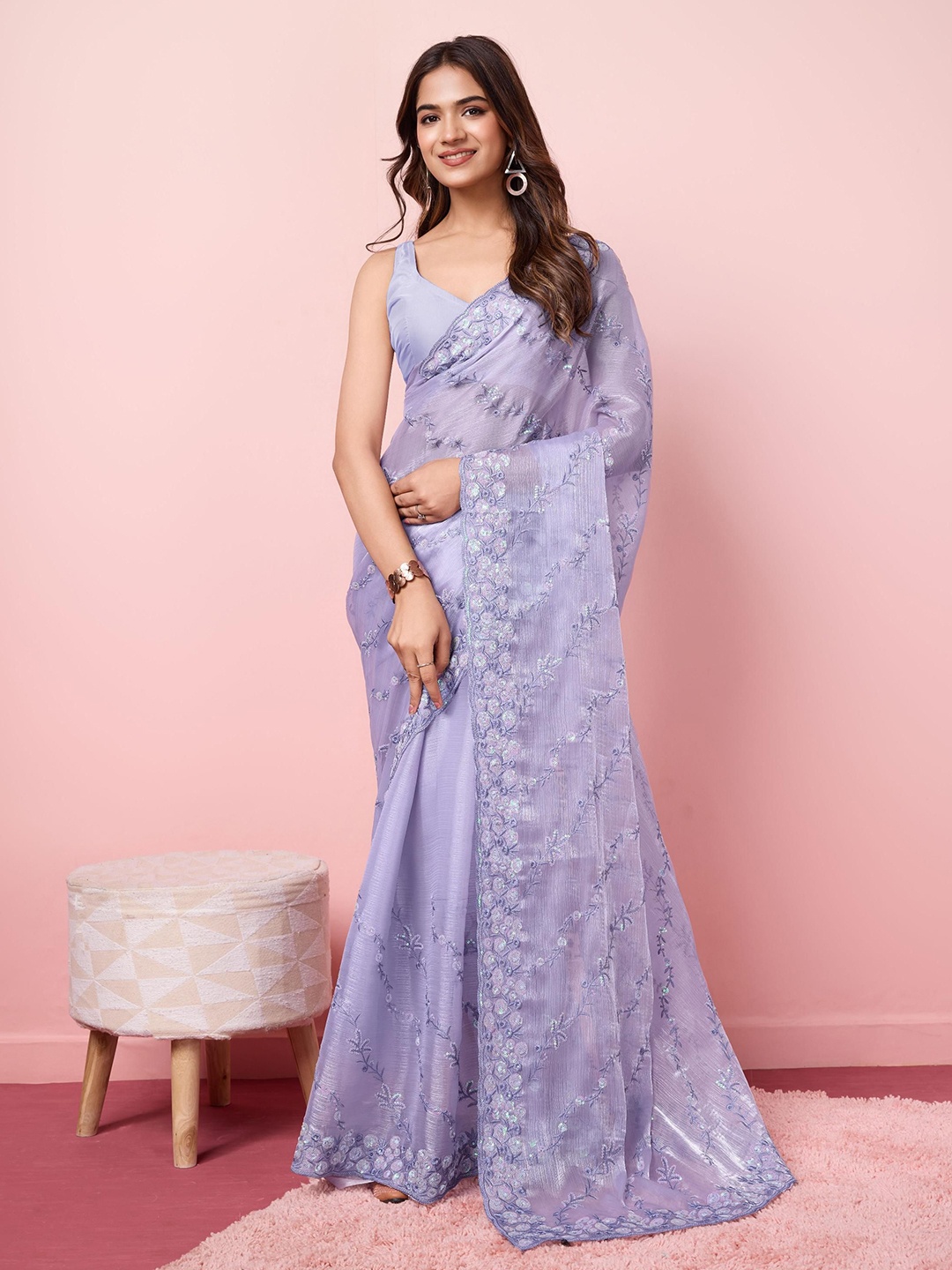 

HERE&NOW Floral Embroidered Saree with Blouse Piece, Lavender