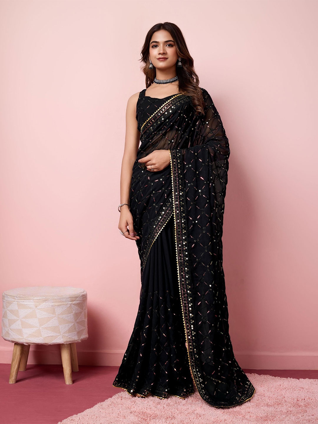 

HERE&NOW Embellished Sequinned Saree With Blouse Piece, Black