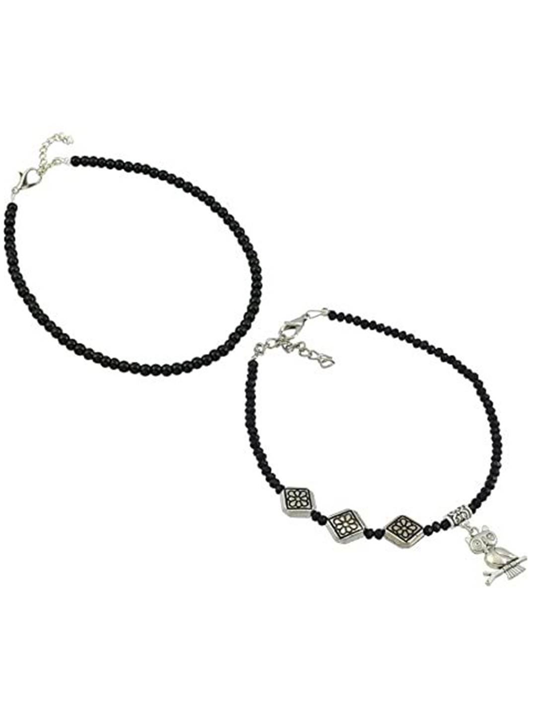 

HIGH TRENDZ Set Of 2 Beaded Single Leg Anklets, Silver