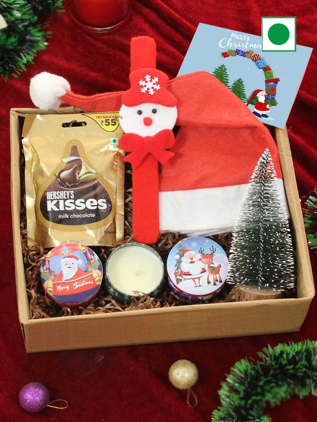 

TIED RIBBONS Set of 6 Christmas Candles with Chocolates, Mini Tree & Cap Wrist Band, Brown