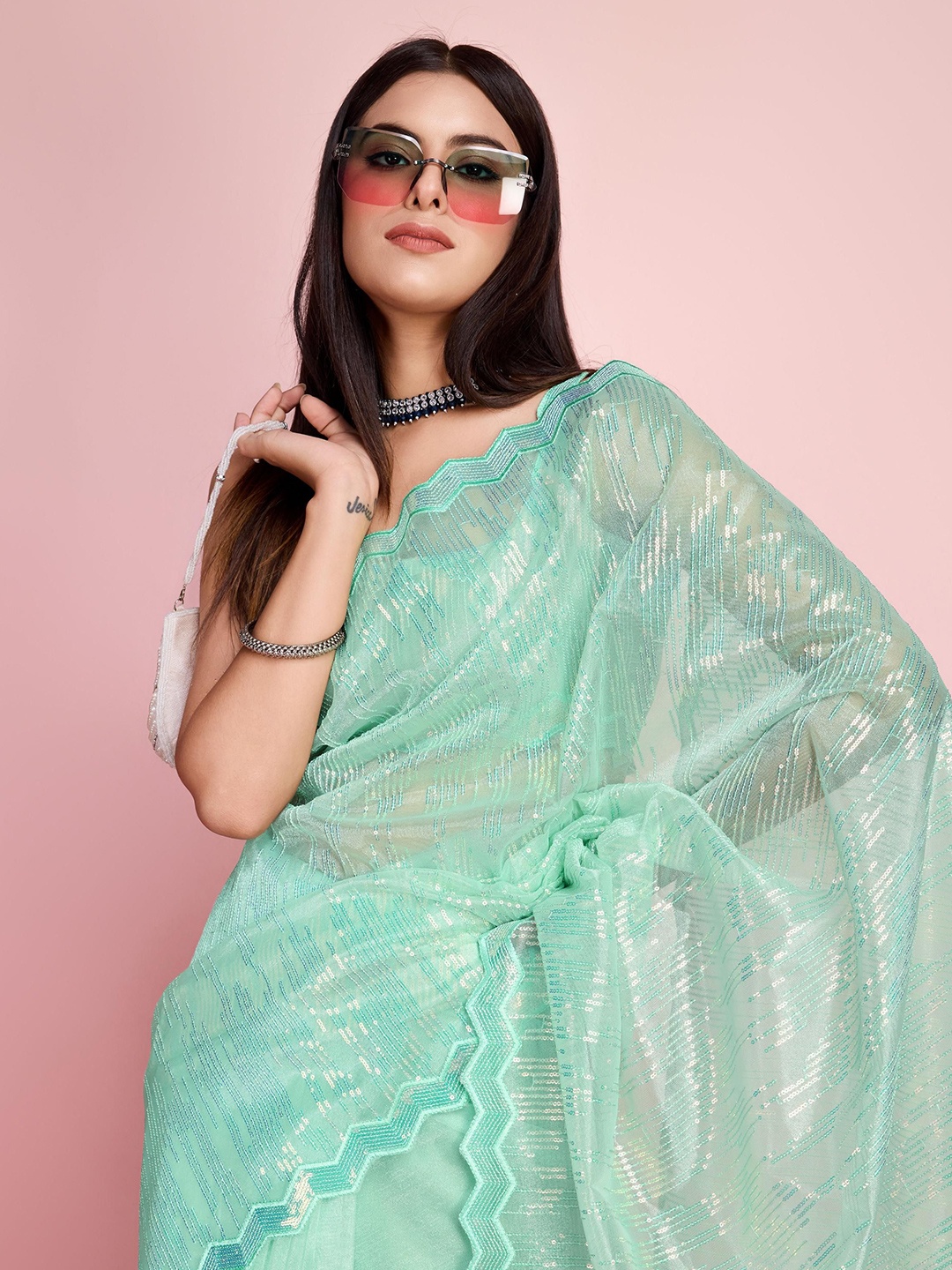

HERE&NOW Embellished Sequinned Net Saree, Turquoise blue