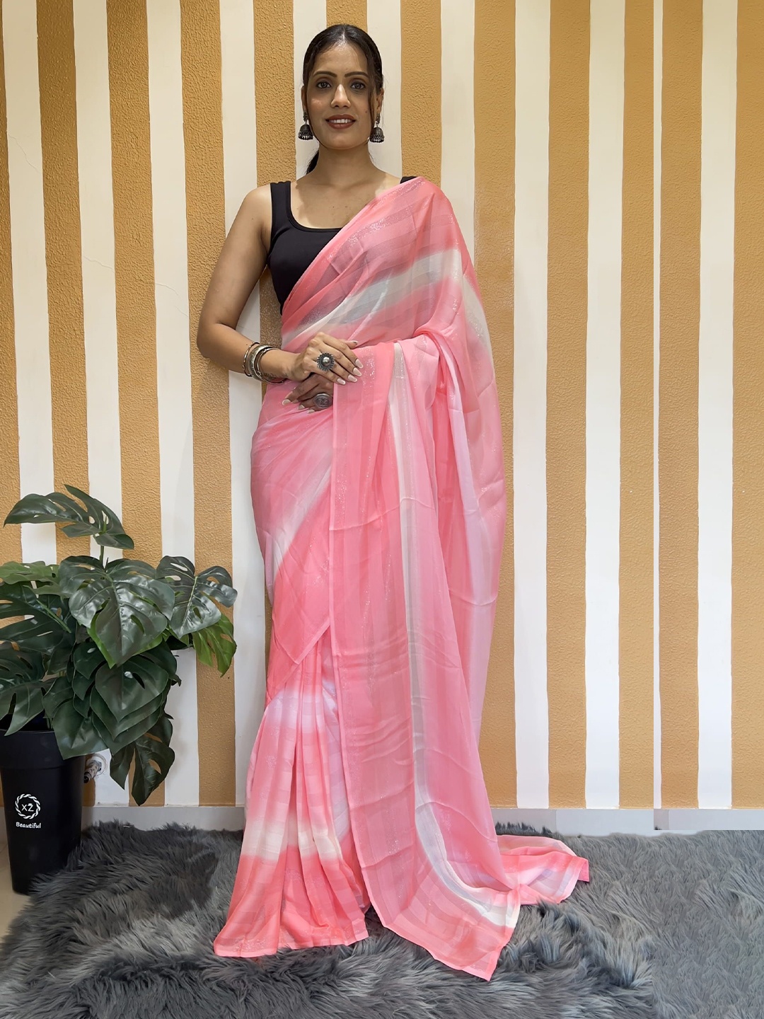 

KAYOMMI Striped Pure Chiffon Ready to Wear Saree, Pink