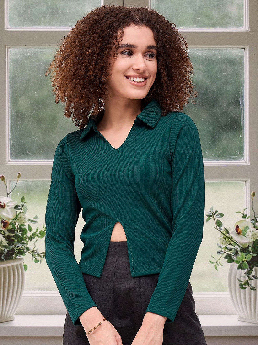 

DressBerry Women Shirt Collar Shirt Long Sleeves Style Top, Teal