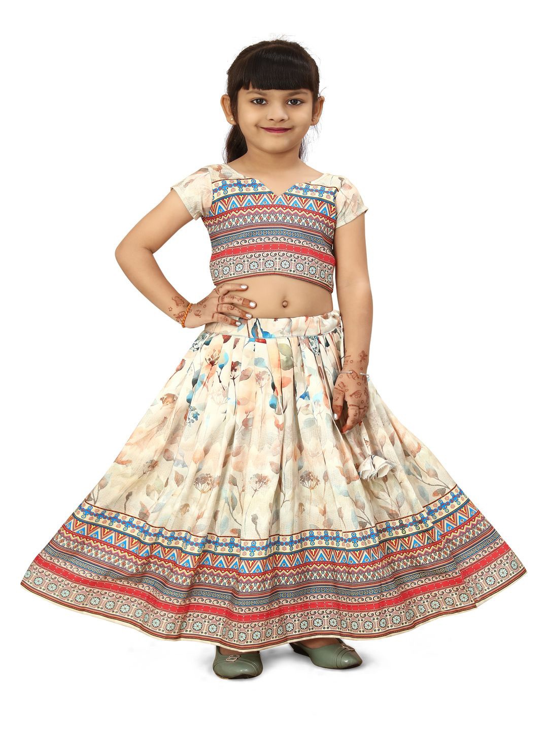 

BAESD Girls Printed Foil Print Ready to Wear Lehenga & Blouse With Dupatta, White
