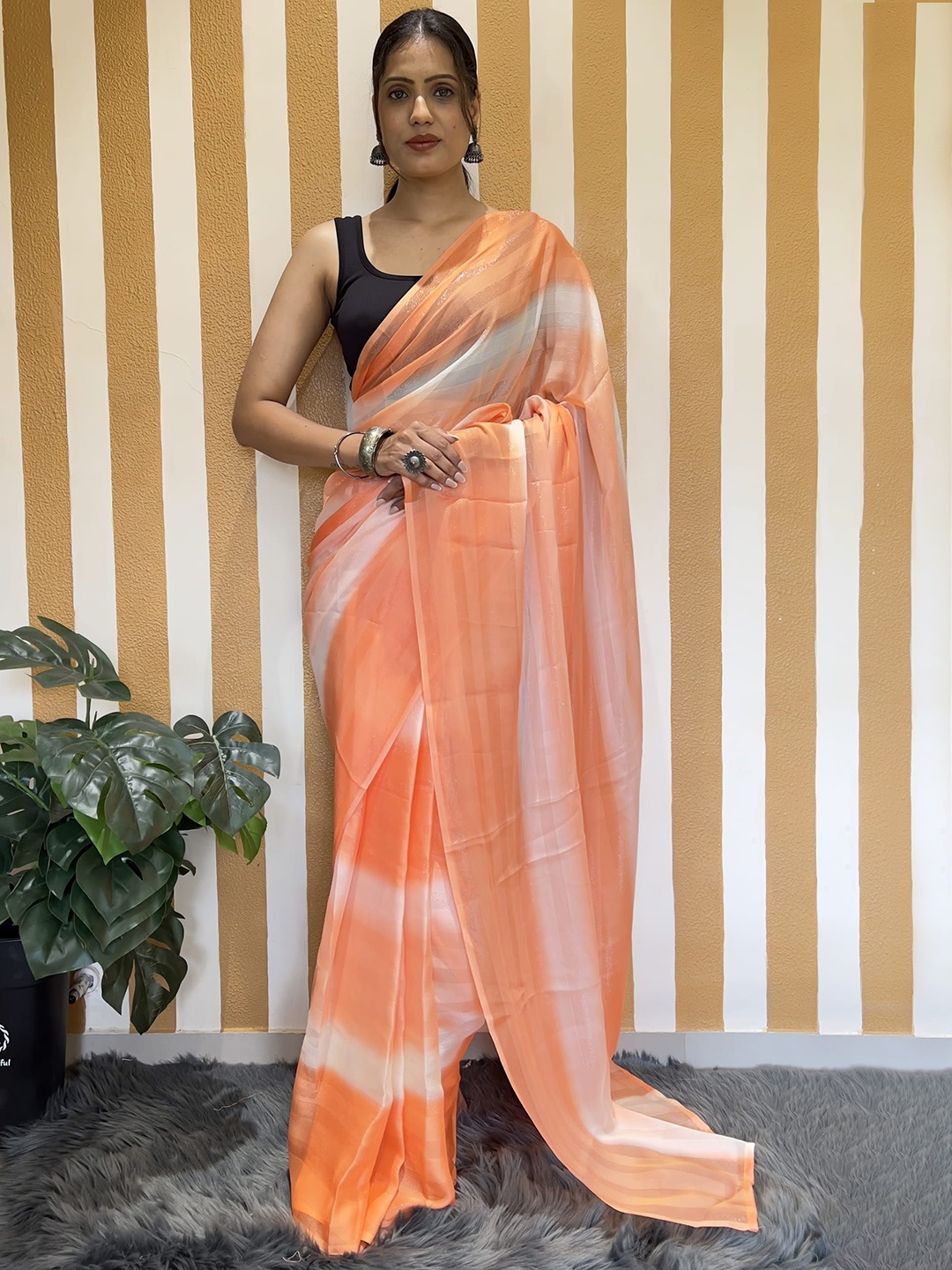 

KAYOMMI Striped Pure Chiffon Ready to Wear Saree, Orange