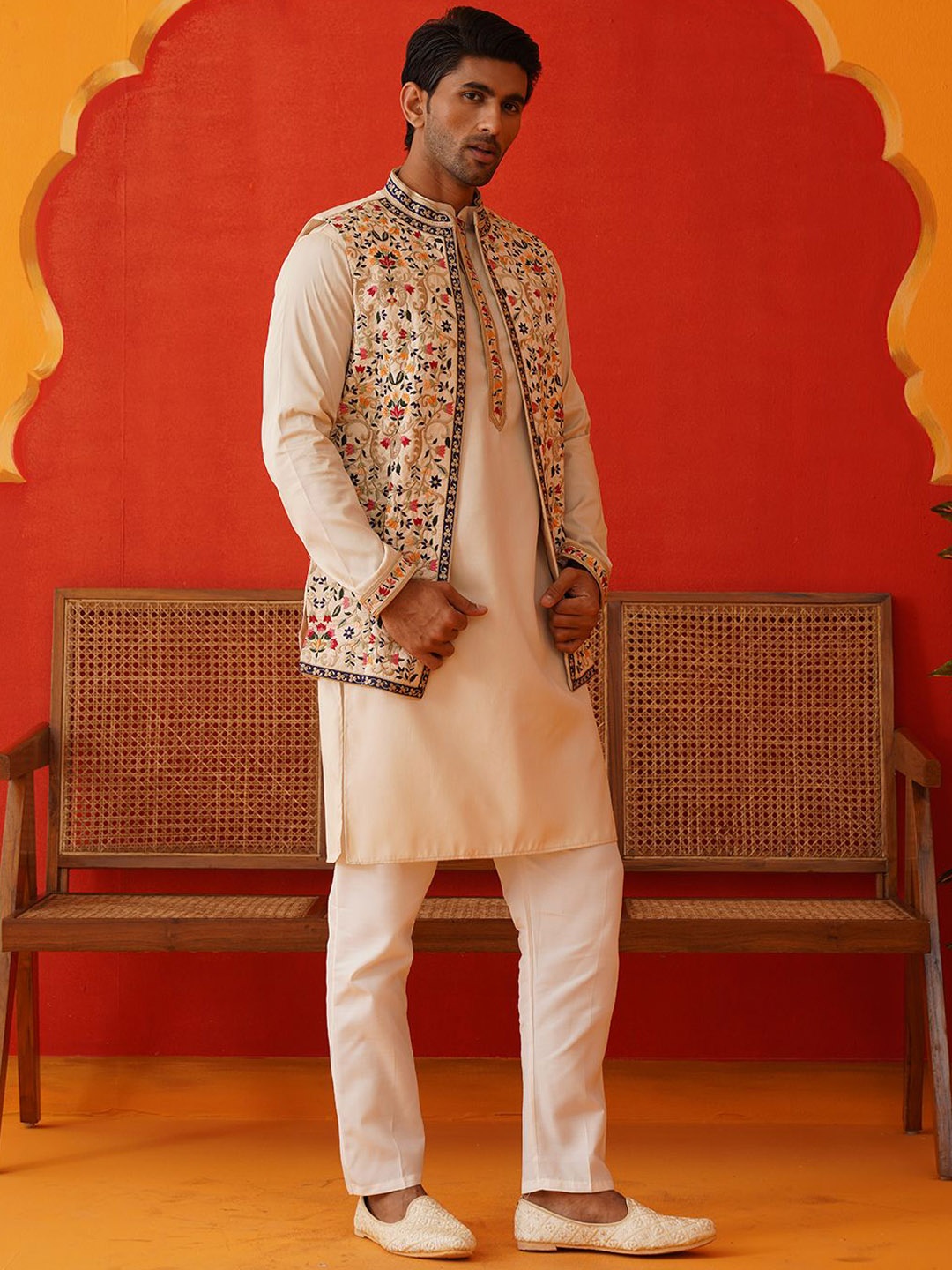 

Jompers Floral Embroidered Chikankari Kurta with Pyjamas & Waistcoat, Cream