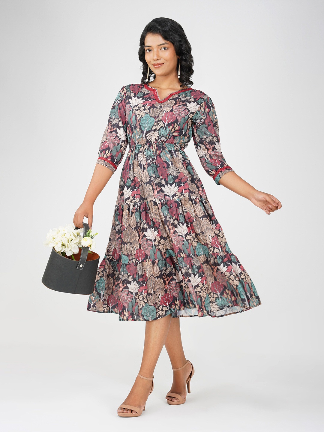 

Bindigasm Print Layered A-Line Midi Dress, Black