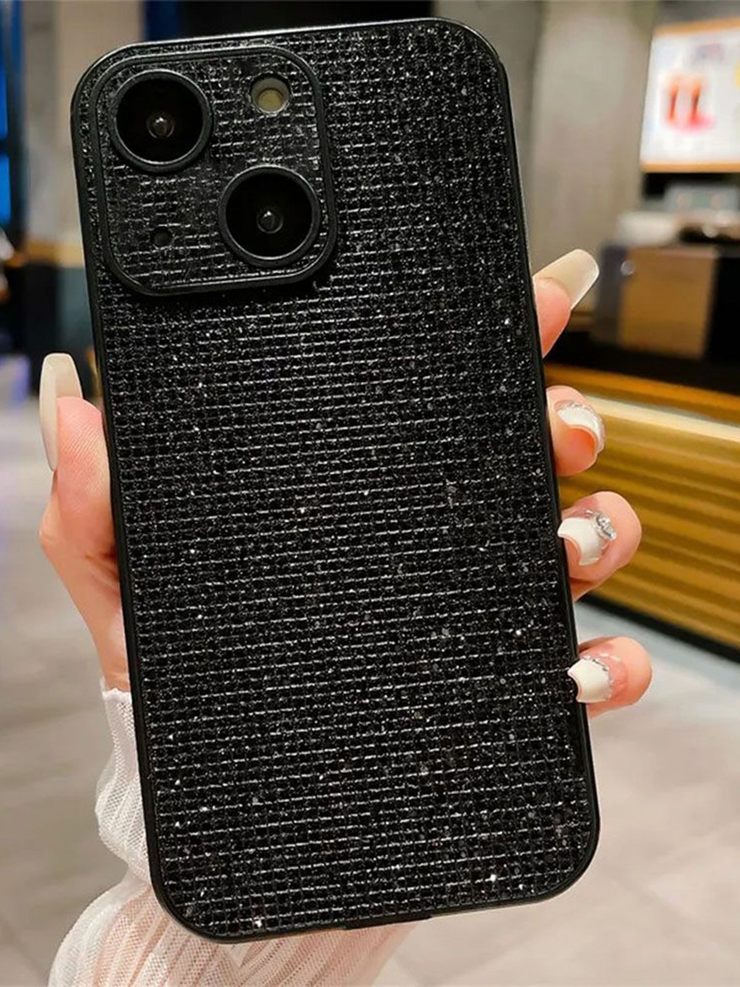 

Luxury Kase Glitter Full Lens Protection iPhone 14 Plus Back Case Mobile Accessories, Black