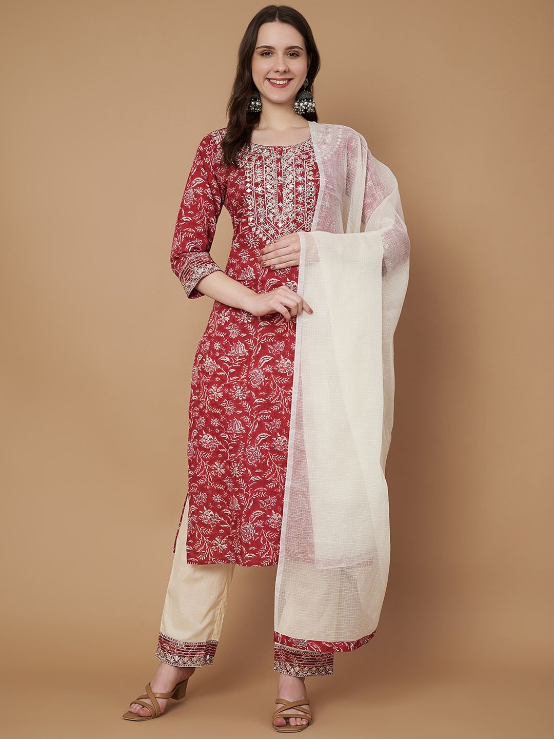 

Vastralay Women Ethnic Motifs Printed Regular Thread Work Pure Cotton Kurta with Trousers & With Dupatta, Maroon